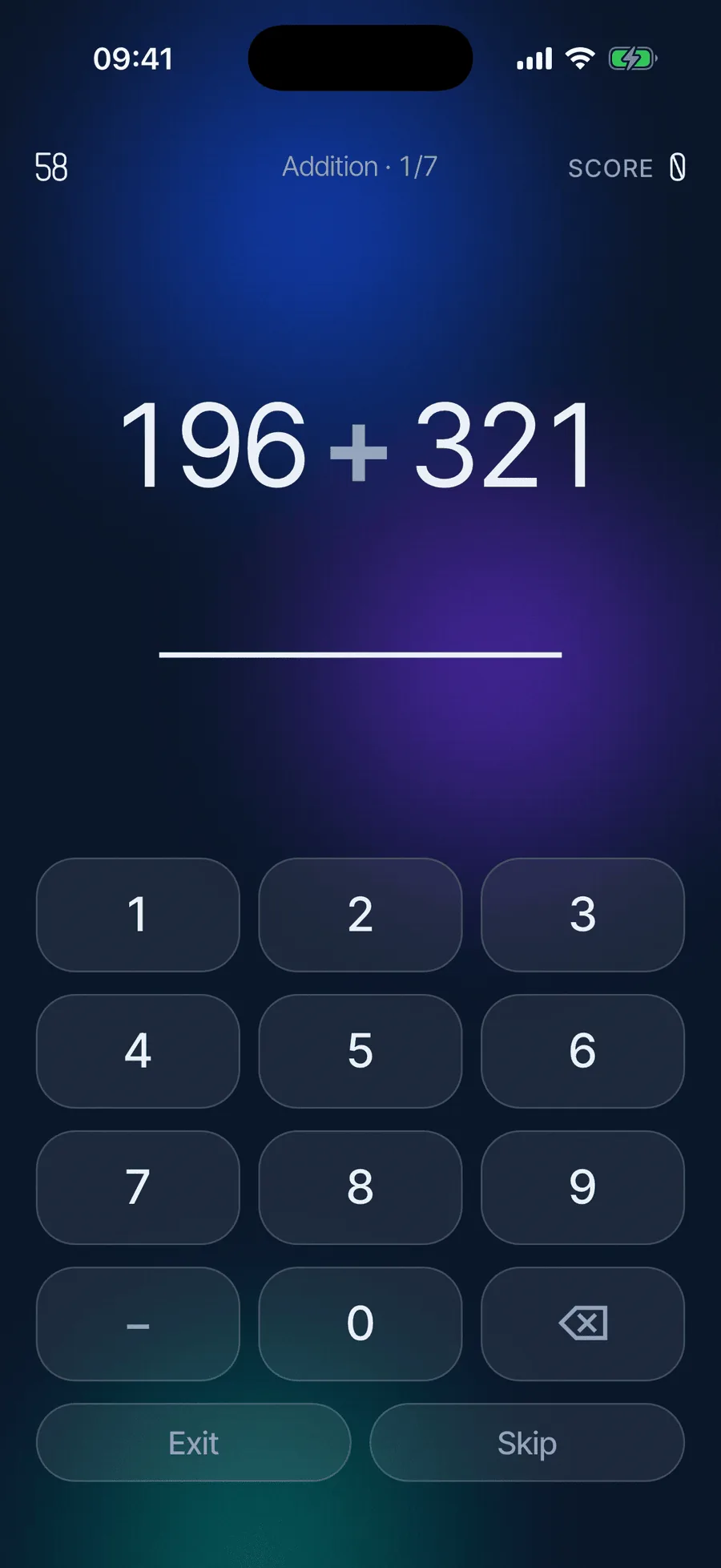 A question in progress: 196 + 321, with the keypad